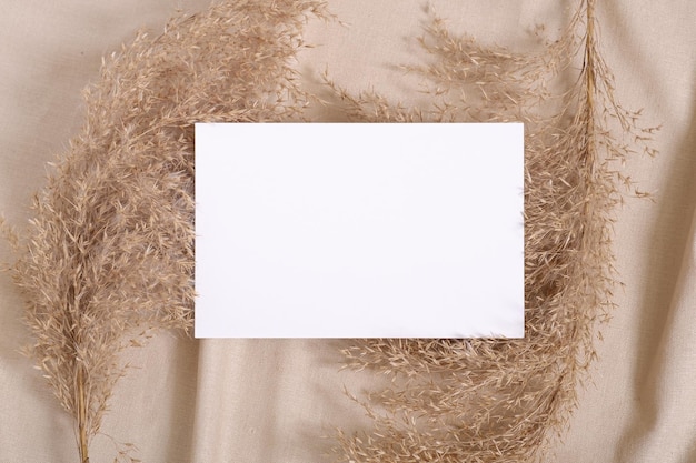 Photo white blank paper card mockup with pampas dry grass on a beige neutral colored textile