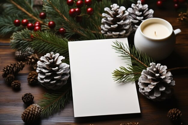 A white blank paper a Christmas card for designers near branches of fir tree and cones on table