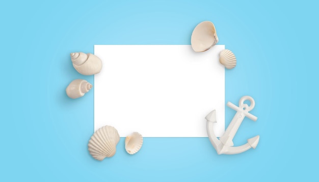 White blank paper surrounded with sea shells and white boat anchor Blue background Paper mockup