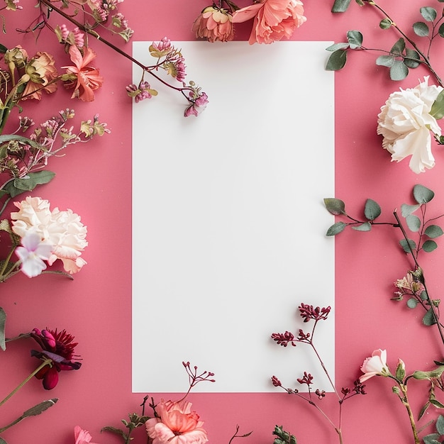 white blank paper with flowers on sides copy space invitation card