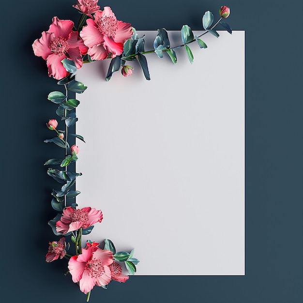 white blank paper with flowers on sides copy space invitation card