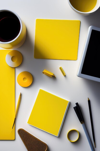 White blank photo frame and yellow supplies in creative young student workspace