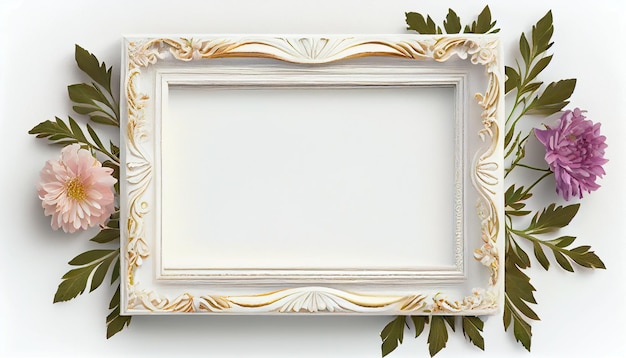 White Blank picture frame with rustic flower decoration on white isolated background Generative AI