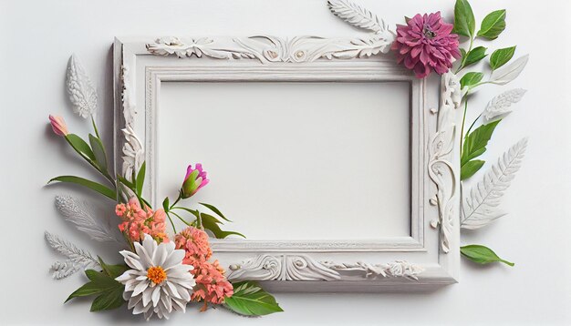 White Blank picture frame with rustic flower decoration on white isolated background Generative AI