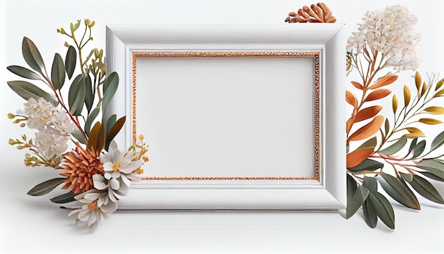 White Blank picture frame with rustic flower decoration on white isolated background Generative AI