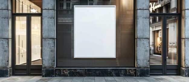 A white blank poster displayed on the window designed for demonstration