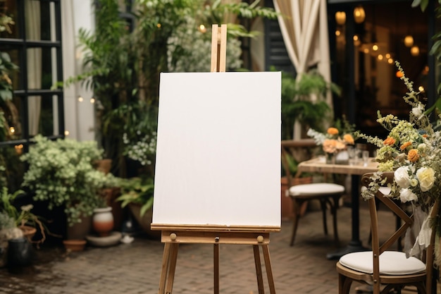 белый пустой плакат на мольберте перед столами свадебного приема в стиле бохо