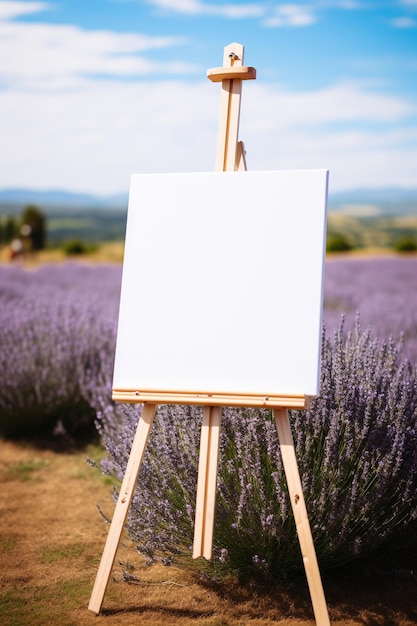 a white blank poster on easel in front of lavanda field