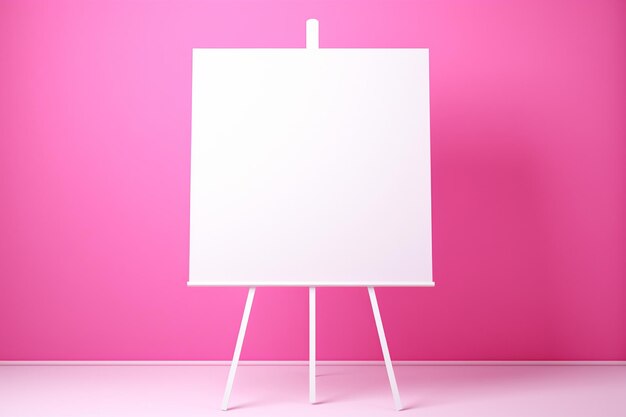 a white blank poster on easel in front of pink barbie style background