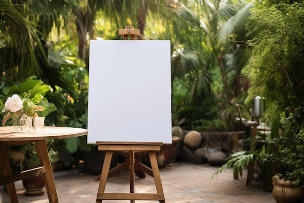 a white blank poster on easel in front of rustic wedding reception tables