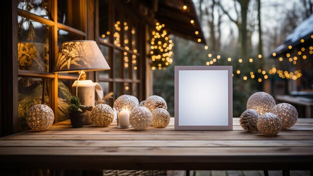 Foto poster bianco davanti alle decorazioni di natale