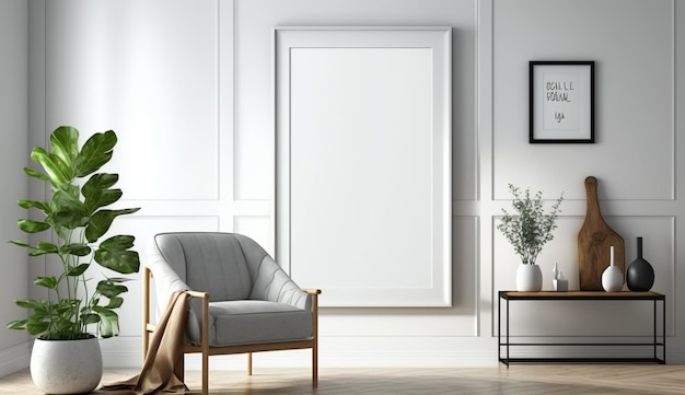 살아있는 스칸디나비아 스타일의 흰색 빈 포스터 모형 Generative ai