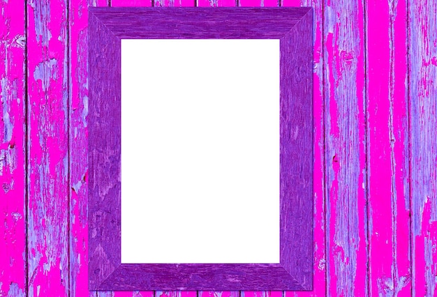 White blank poster with violet frame mock-up on pink plank wooden wall purple background