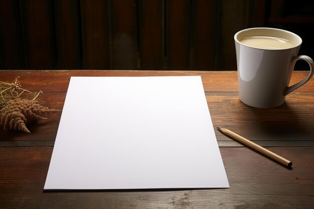 Photo white blank sheet of paper on the table and pencil