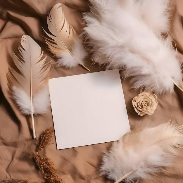 A white blank sheet surrounded by feathers and white fluff