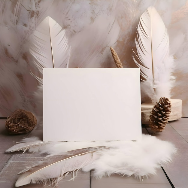 A white blank sheet surrounded by feathers and white fluff