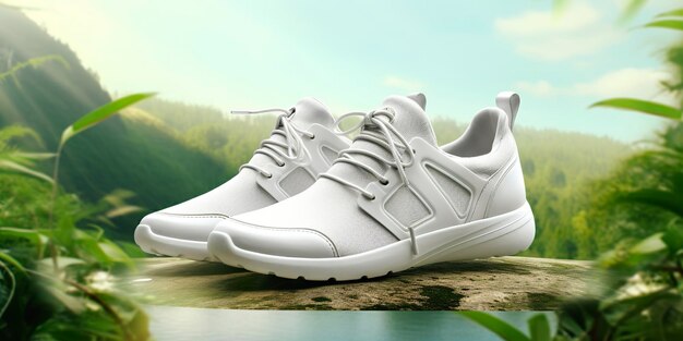 White blank sports shoes mockup with natural theme background ai generative