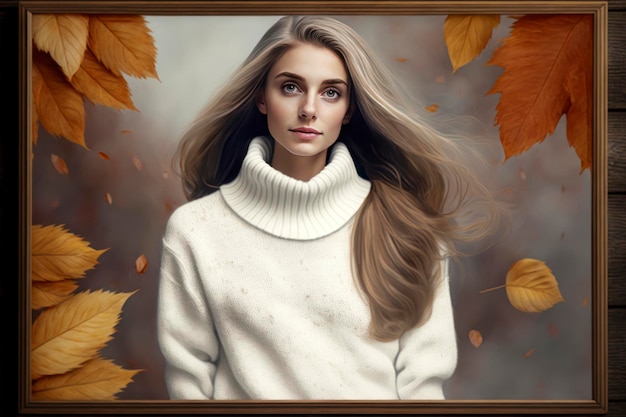 A white blank sweater worn by a female model casual style it's autumn outside