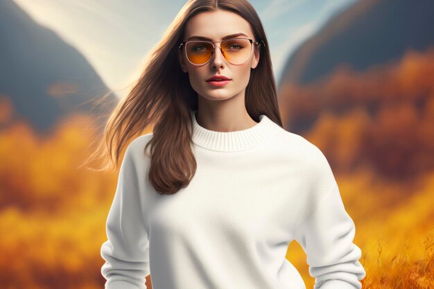 A white blank sweater worn by a female model casual style it's autumn outside