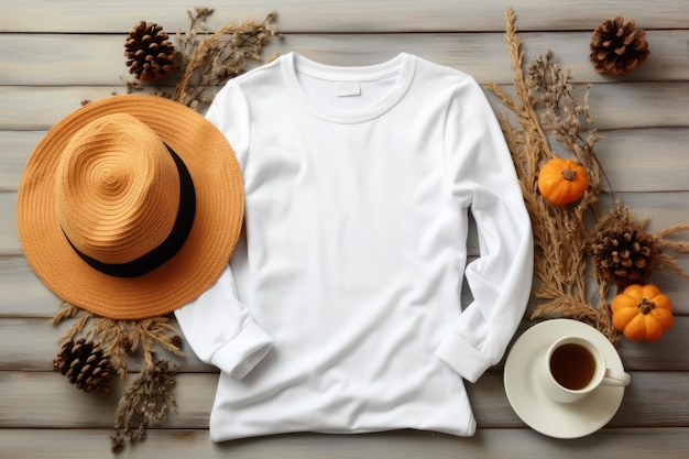 Photo white blank sweatshirt for mockup design on white wooden table with halloween decor ai generated