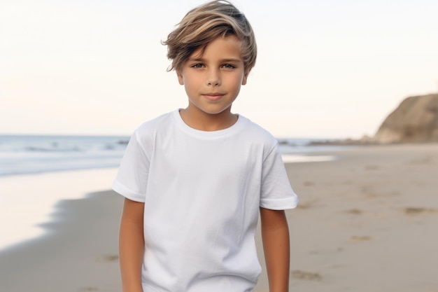Photo white blank t shirt mock up boy on beach sea background