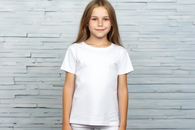 White blank t shirt mock up Girl on brick stone background