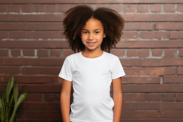 Photo white blank t shirt mock up girl on brick stone