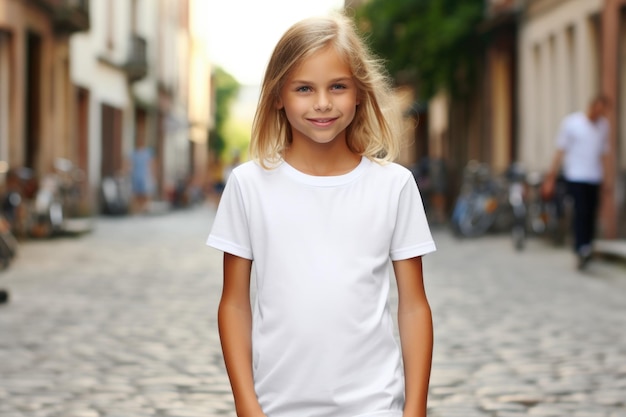 White blank t shirt mock up Girl on street background