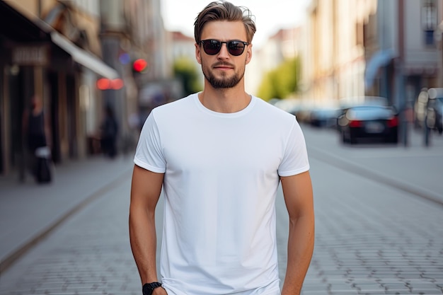 White blank t shirt mock up Men on the street background