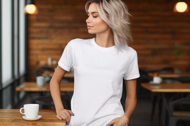 写真 カフェの背景の女性の白い空白のtシャツのモックアップ