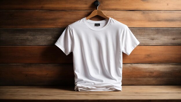 White blank t shirt on a wooden hanger