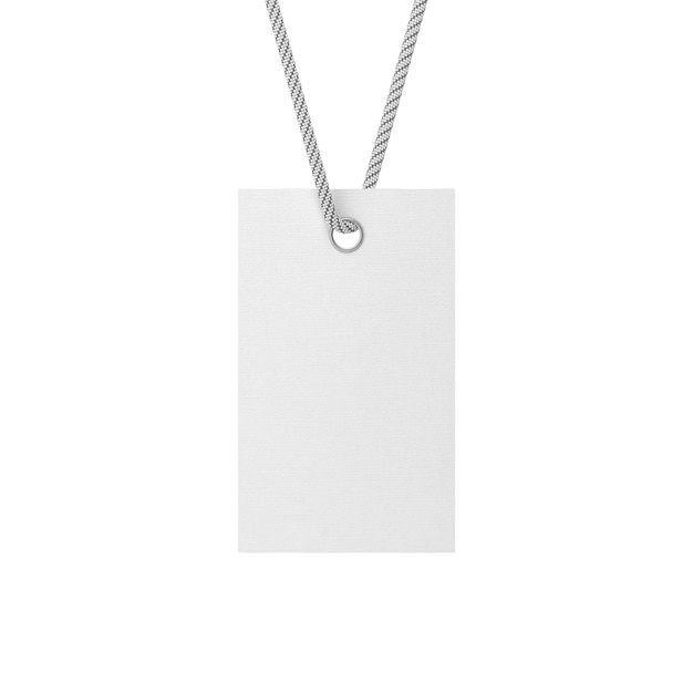 Белая пустая этикетка, макет, привязанный к веревке, показывает вашу скидку на цену, изолированную на белом 3d-рендеринге
