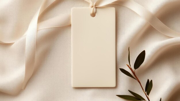 Photo white blank tag with a rope for mockup on cream color background