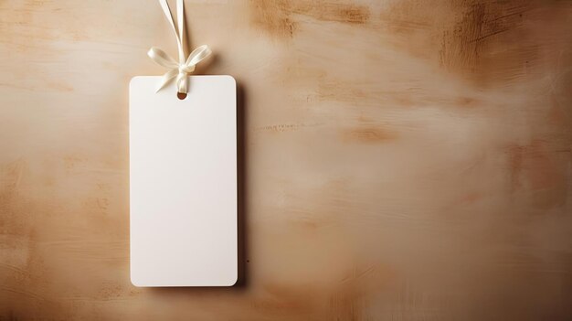 white blank tag with a rope for mockup on cream color background