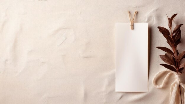 White blank tag with a rope for mockup on cream color background