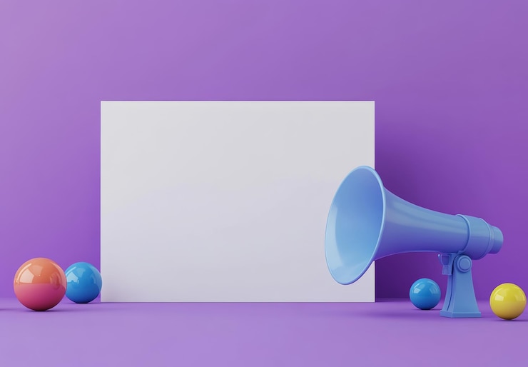Photo white blank text box with megaphone and ball icon on purple background for social media promotion