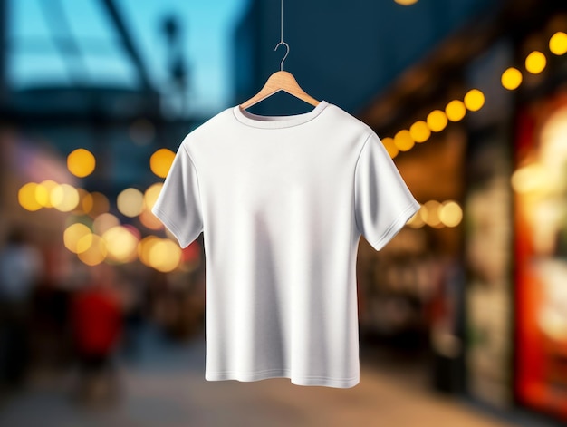 White blank tshirt hanging against blurred shopping gallery mockup Generative AI