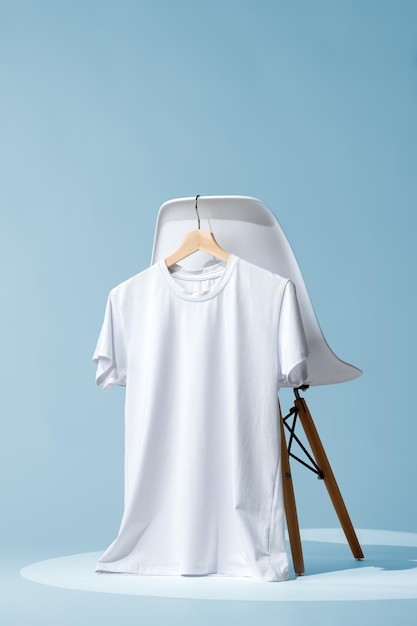 White blank tshirt hanging on chair against blue wall