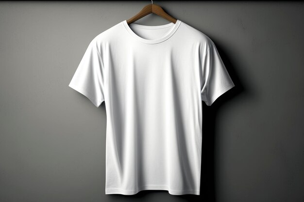 White blank tshirt with hanger against a gray wall close up advertisng photo