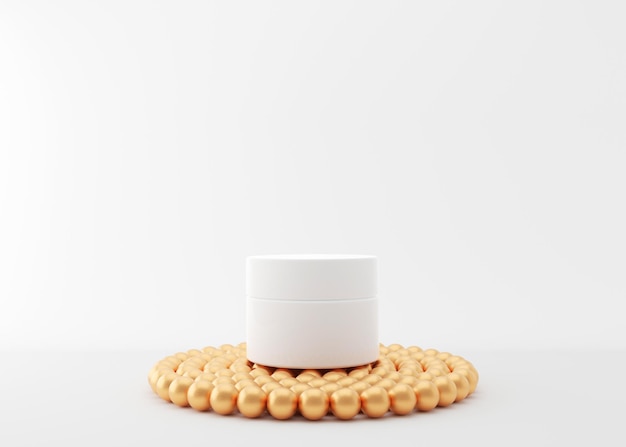 White and blank, unbranded cosmetic cream jar standing on podium with small golden balls. Skin care product presentation on white background. Luxury mockup. Skincare, beauty and spa. 3D rendering.