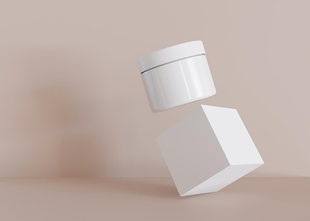white and blank unbranded cosmetic cream jar with cube on beige background skin care product presentation modern mock up skincare beauty and spa jar with copy space 3d rendering