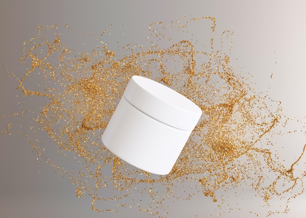 Barattolo di crema cosmetica bianco e vuoto senza marchio con piccole particelle di glitter dorate volanti presentazione del prodotto per la cura della pelle modello di lusso per la cura della pelle bellezza e spa barattolo con spazio per la copia rendering 3d