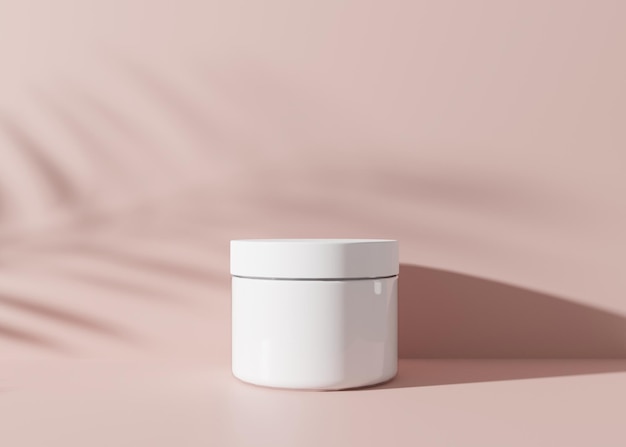 White and blank unbranded cosmetic cream jar with leaves shadows on pink background Skin care product presentation Elegant mockup Skincare beauty and spa Jar with copy space 3D rendering