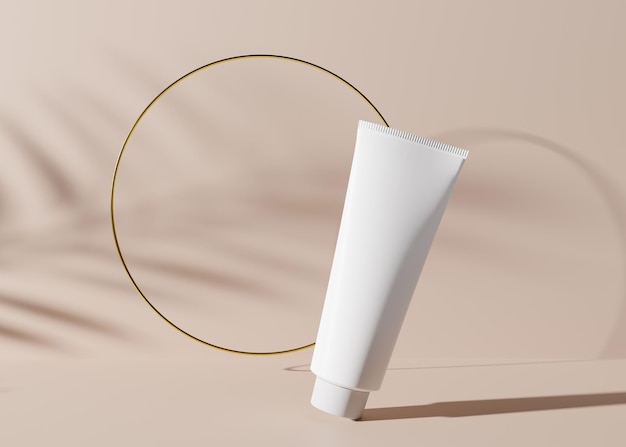 White and blank unbranded cosmetic cream tube with golden ring and plants shadows Skin care product presentation on light brown background Luxury mockup Tube with copy space 3D rendering