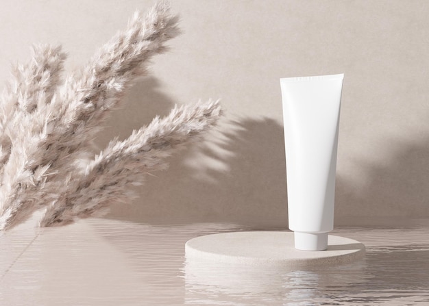 White and blank unbranded cosmetic cream tube with water and pampas grass Skin care product presentation on beige background Modern and natural mock up Tube with copy space 3D rendering