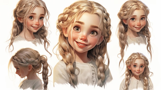 white blond child girl braids varied emotions faces