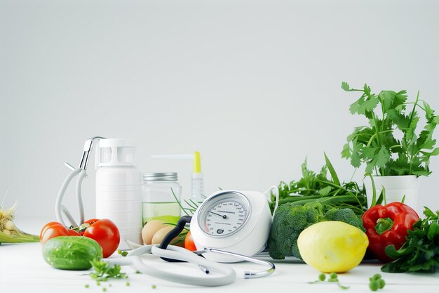 A white blood pressure monitor sits on a table with a variety of vegetables