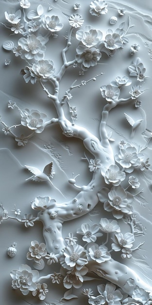 Foto fiori bianchi e uccelli in 3d