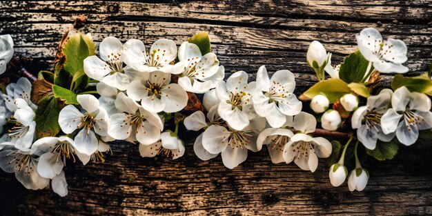 White blossoms over rustic wood