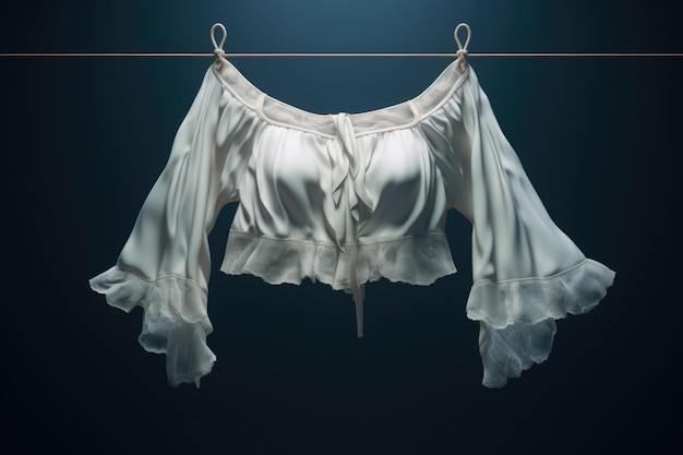Белая блузка висит на линии для одежды Это универсальное изображение может быть использовано для представления стирки моды, ухода за одеждой или повешения одежды